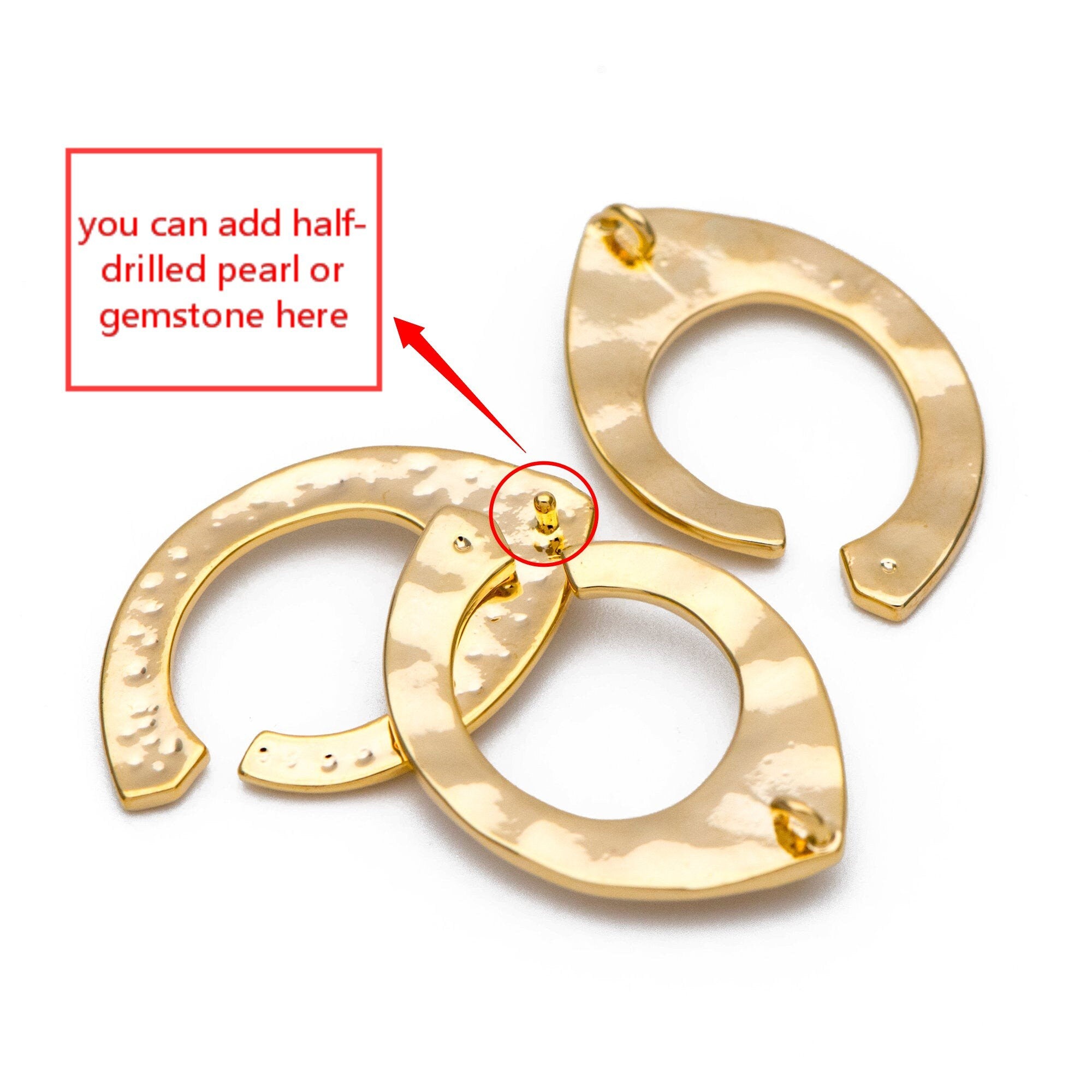 10pcs Gold plated Brass Hammered Charm Pendant 26x17mm, DIY Pearl Peg Mounts, Half Drilled Pearl Settings (GB-857)